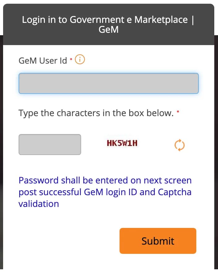 GeM login box: GeM User Id, captcha, and a note that the password is entered on the next screen
