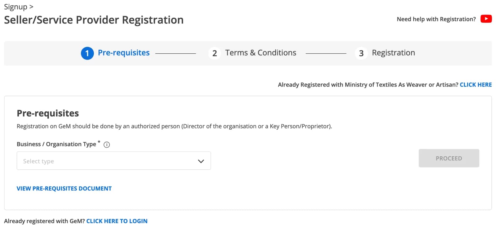 GeM Seller/Service Provider Registration page with three steps: Pre-requisites, Terms & Conditions and Registration
