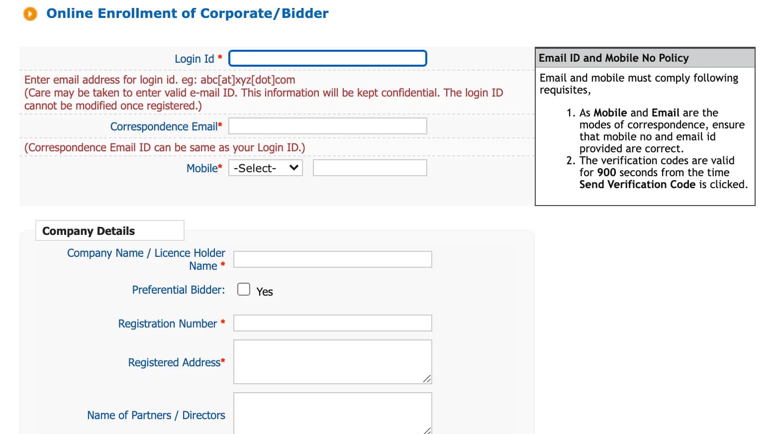 Kerala eTenders Online Enrollment of Corporate/Bidder form
