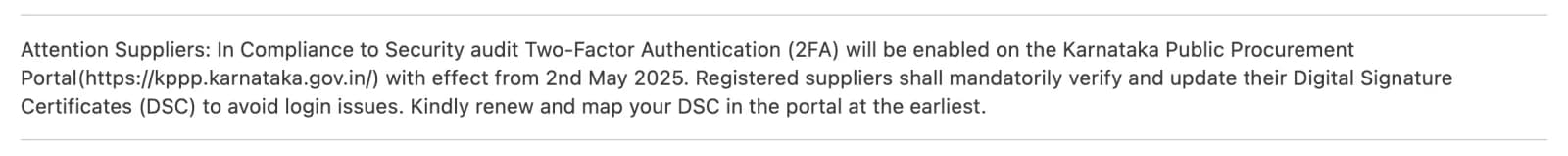KPPP announcement: Two-Factor Authentication (2FA) will be enabled from 2nd May 2025; registered suppliers shall verify and update their DSC