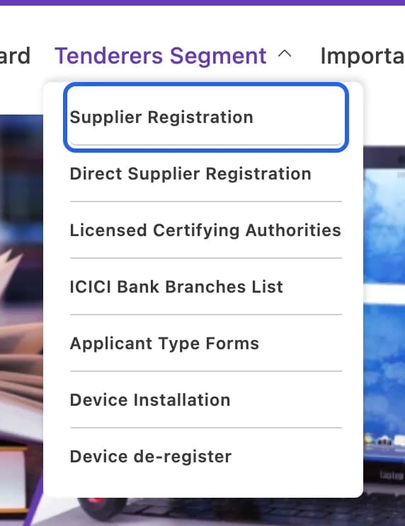 KPPP Tenderers Segment menu with Supplier Registration, Direct Supplier Registration, Licensed Certifying Authorities, ICICI Bank Branches List, Applicant Type Forms, Device Installation and Device de-register