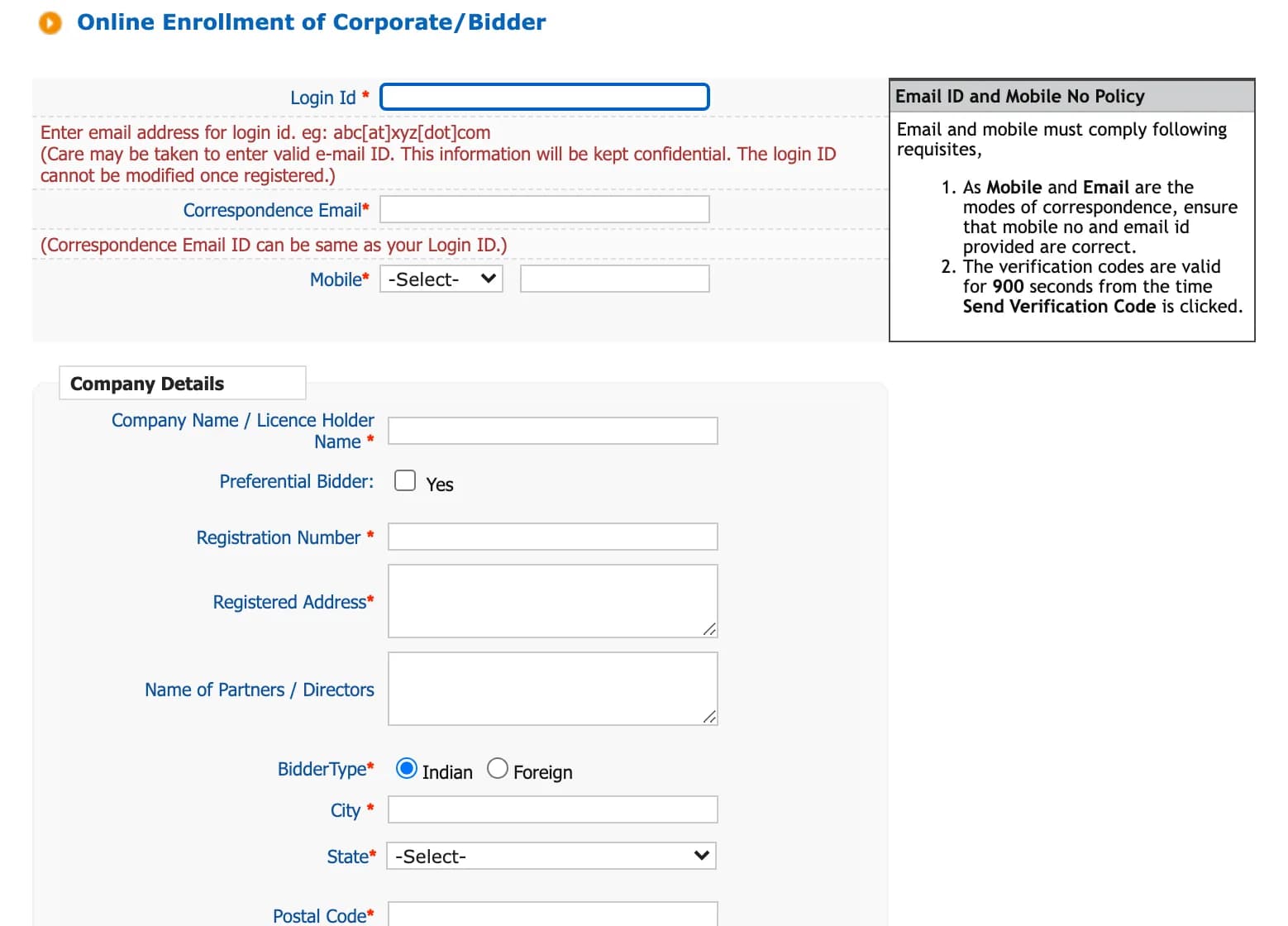 NIC Online Enrollment of Corporate/Bidder form with Login Id, Correspondence Email, Mobile and Company Details
