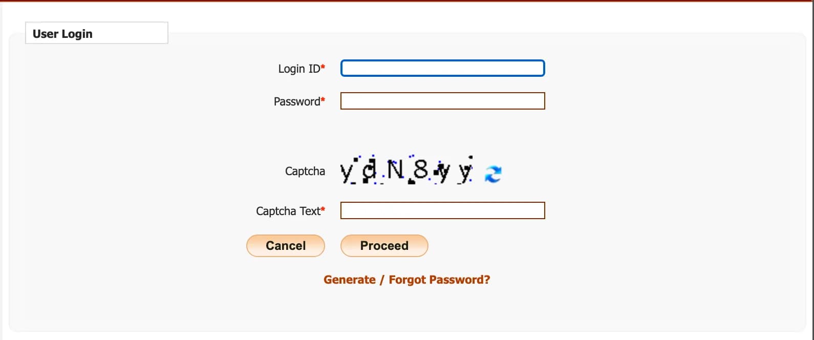 NIC portal User Login box with Login ID, Password, Captcha and the Generate / Forgot Password link