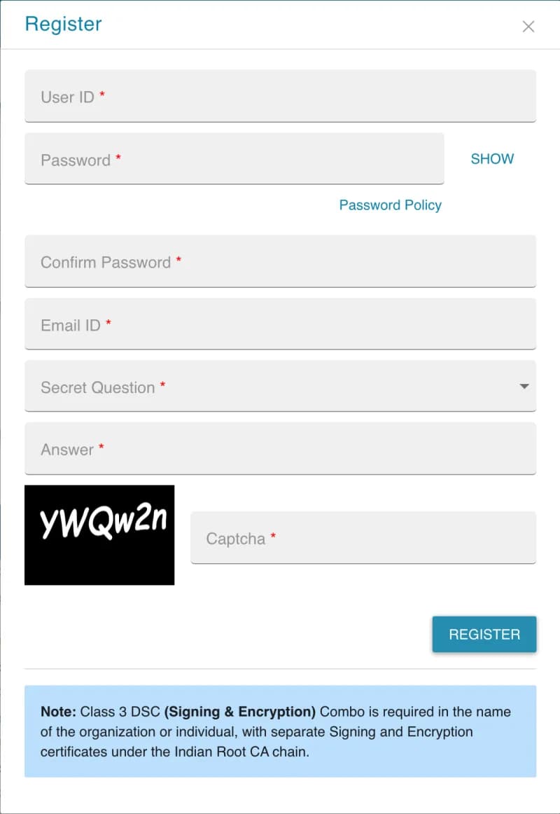 nProcure Register form with User ID, Password, Confirm Password, Email ID, Secret Question, Answer and Captcha, and a note that a Class 3 signing and encryption DSC combo is required