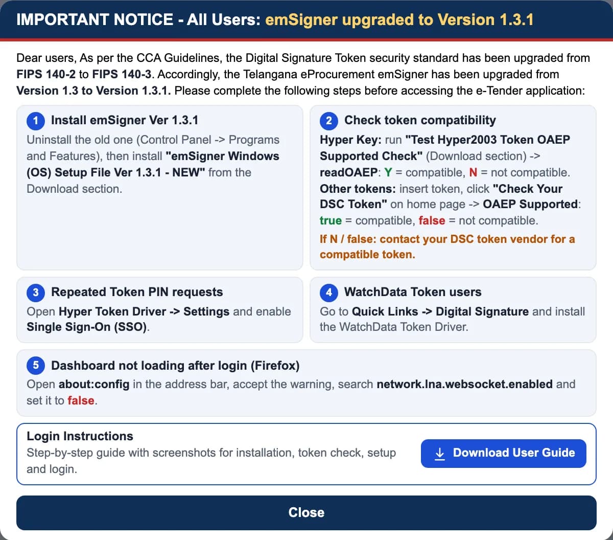 Telangana eProcurement notice: emSigner upgraded to Version 1.3.1, with steps to install it, check token compatibility, enable SSO, install the WatchData driver and fix Firefox