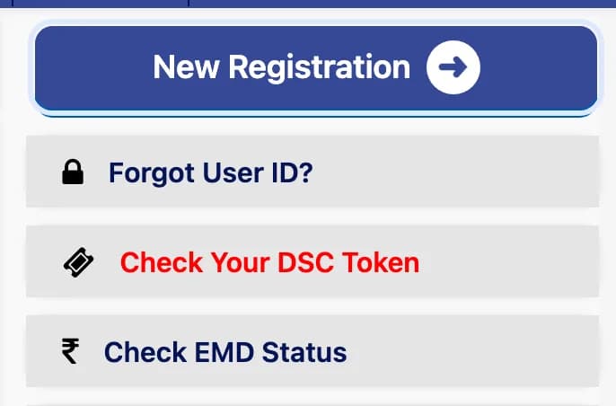 Telangana eProcurement home page box: New Registration, Forgot User ID, Check Your DSC Token and Check EMD Status