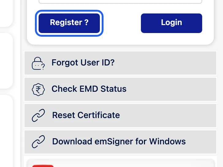 AP eProcurement login box with Register, Login, Forgot User ID, Check EMD Status, Reset Certificate and Download emSigner for Windows