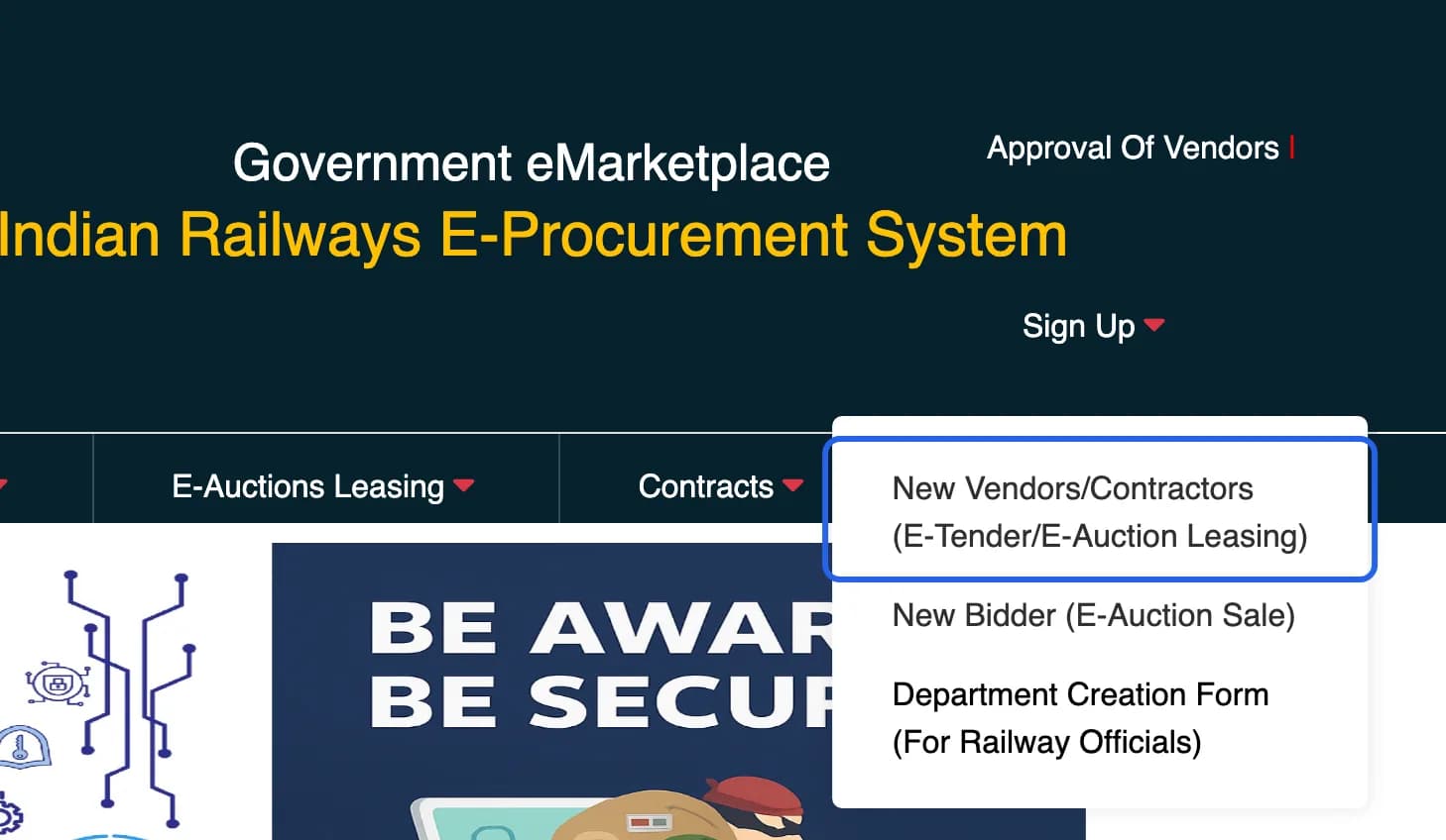 IREPS home page with the Sign Up menu open and New Vendors/Contractors highlighted