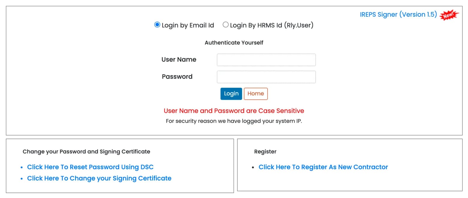 IREPS login page with Login by Email Id, user name and password fields, and links to reset the password or change the signing certificate