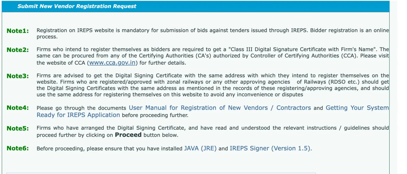 IREPS notes before registration, asking for a Class III Digital Signature Certificate with the firm's name, Java and IREPS Signer