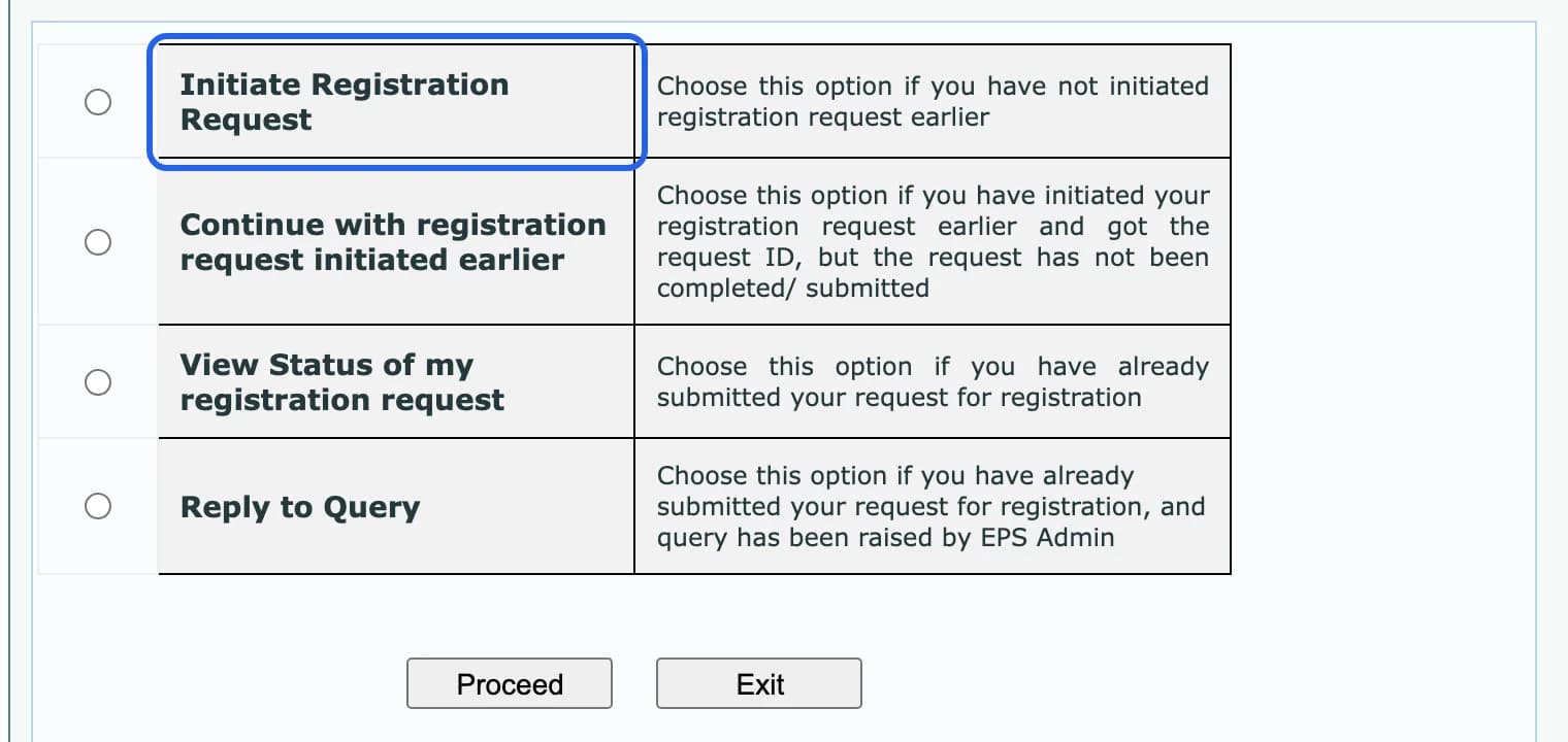 IREPS registration page with four options: Initiate Registration Request, Continue, View Status and Reply to Query