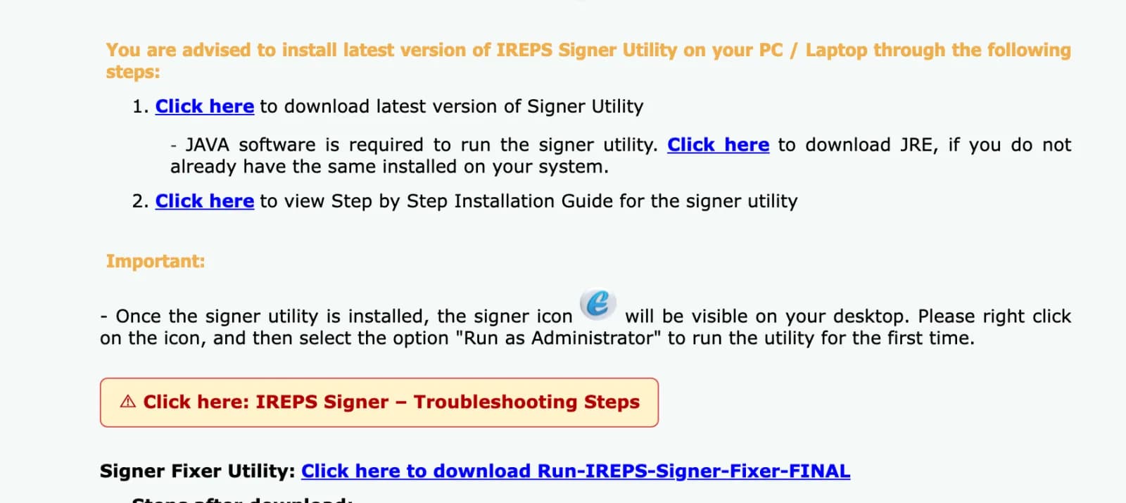 IREPS Signer download page with links to the signer, Java, the installation guide and the troubleshooting steps